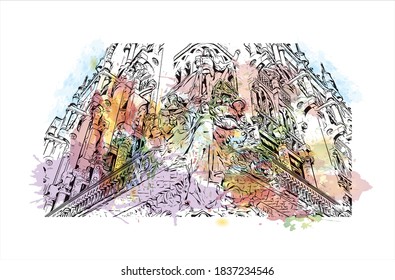 Building view with landmark of Barcelona is a city on the coast of northeastern Spain. Watercolour splash with hand drawn sketch illustration in vector.
