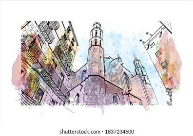 Building view with landmark of Barcelona is a city on the coast of northeastern Spain. Watercolour splash with hand drawn sketch illustration in vector.