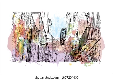 Building view with landmark of Barcelona is a city on the coast of northeastern Spain. Watercolour splash with hand drawn sketch illustration in vector.