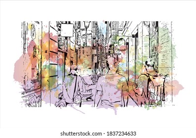 Building view with landmark of Barcelona is a city on the coast of northeastern Spain. Watercolour splash with hand drawn sketch illustration in vector.