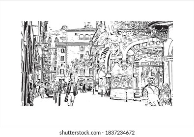 Building view with landmark of Barcelona is a city on the coast of northeastern Spain. Hand drawn sketch illustration in vector.