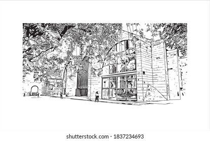 Building view with landmark of Barcelona is a city on the coast of northeastern Spain. Hand drawn sketch illustration in vector.