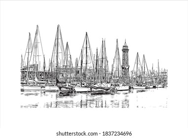 Building view with landmark of Barcelona is a city on the coast of northeastern Spain. Hand drawn sketch illustration in vector.