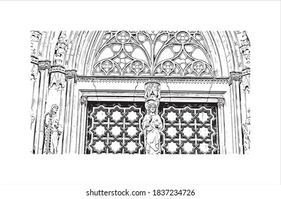 Building view with landmark of Barcelona is a city on the coast of northeastern Spain. Hand drawn sketch illustration in vector.