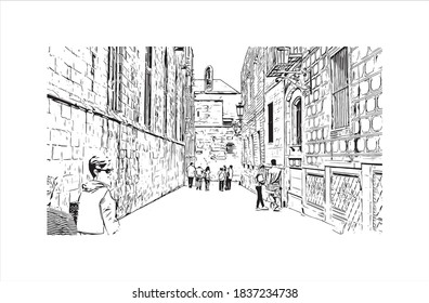 Building view with landmark of Barcelona is a city on the coast of northeastern Spain. Hand drawn sketch illustration in vector.