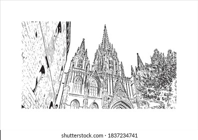 Building view with landmark of Barcelona is a city on the coast of northeastern Spain. Hand drawn sketch illustration in vector.