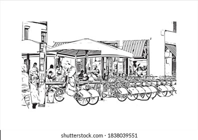 Building view with landmark of Barcelona is a city on the coast of northeastern Spain. Hand drawn sketch illustration in vector.