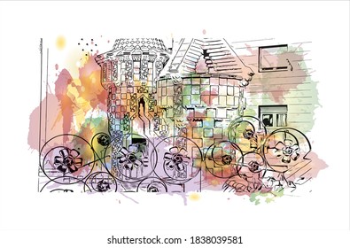 Building view with landmark of Barcelona is a city on the coast of northeastern Spain. Watercolor splash with hand drawn sketch illustration in vector.