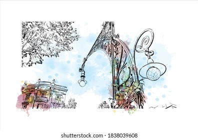 Building view with landmark of Barcelona is a city on the coast of northeastern Spain. Watercolor splash with hand drawn sketch illustration in vector.