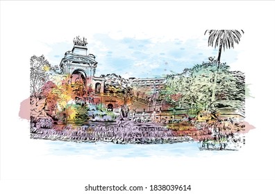 Building view with landmark of Barcelona is a city on the coast of northeastern Spain. Watercolor splash with hand drawn sketch illustration in vector.