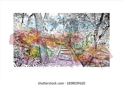 Building view with landmark of Barcelona is a city on the coast of northeastern Spain. Watercolor splash with hand drawn sketch illustration in vector.
