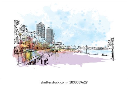 Building view with landmark of Barcelona is a city on the coast of northeastern Spain. Watercolor splash with hand drawn sketch illustration in vector.