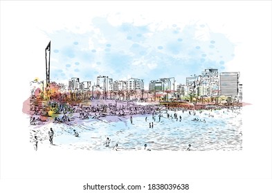 Building view with landmark of Barcelona is a city on the coast of northeastern Spain. Watercolor splash with hand drawn sketch illustration in vector.