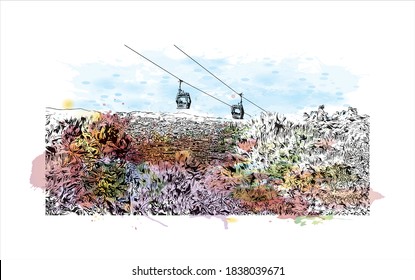 Building view with landmark of Barcelona is a city on the coast of northeastern Spain. Watercolor splash with hand drawn sketch illustration in vector.