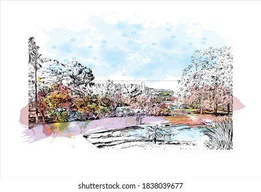 Building view with landmark of Barcelona is a city on the coast of northeastern Spain. Watercolor splash with hand drawn sketch illustration in vector.