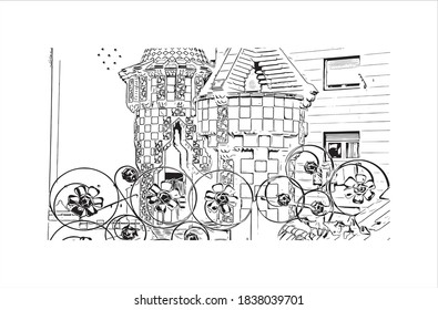 Building view with landmark of Barcelona is a city on the coast of northeastern Spain. Hand drawn sketch illustration in vector.