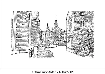 Building view with landmark of Barcelona is a city on the coast of northeastern Spain. Hand drawn sketch illustration in vector.