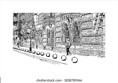 Building view with landmark of Barcelona is a city on the coast of northeastern Spain. Hand drawn sketch illustration in vector.