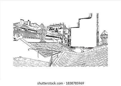 Building view with landmark of Barcelona is a city on the coast of northeastern Spain. Hand drawn sketch illustration in vector.