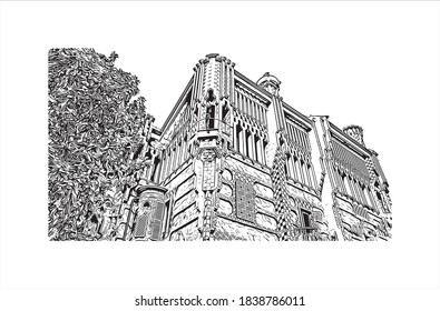 Building view with landmark of Barcelona is a city on the coast of northeastern Spain. Hand drawn sketch illustration in vector.