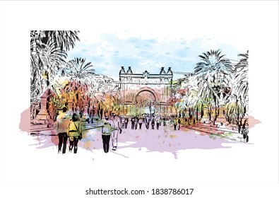 Building view with landmark of Barcelona is a city on the coast of northeastern Spain. Watercolor splash with hand drawn sketch illustration in vector.