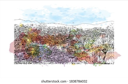 Building view with landmark of Barcelona is a city on the coast of northeastern Spain. Watercolor splash with hand drawn sketch illustration in vector.