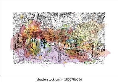 Building view with landmark of Barcelona is a city on the coast of northeastern Spain. Watercolor splash with hand drawn sketch illustration in vector.