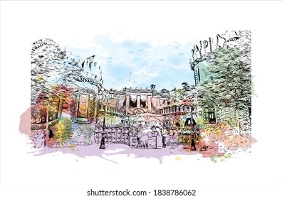 Building view with landmark of Barcelona is a city on the coast of northeastern Spain. Watercolor splash with hand drawn sketch illustration in vector.