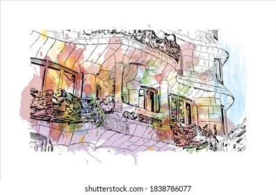 Building view with landmark of Barcelona is a city on the coast of northeastern Spain. Watercolor splash with hand drawn sketch illustration in vector.