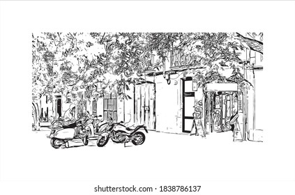 Building view with landmark of Barcelona is a city on the coast of northeastern Spain. Hand drawn sketch illustration in vector.