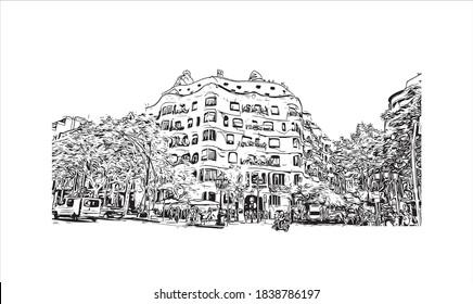 Building View With Landmark Of Barcelona Is A City On The Coast Of Northeastern Spain. Hand Drawn Sketch Illustration In Vector.