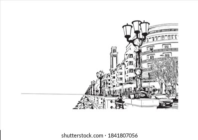 Building view with landmark of Bari is the capital city of Italy. Hand drawn sketch illustration in vector.