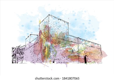Building view with landmark of Bari is the capital city of Italy. Watercolor splash with hand drawn sketch illustration in vector.
