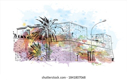 Building view with landmark of Bari is the capital city of Italy. Watercolor splash with hand drawn sketch illustration in vector.