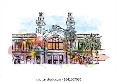 Building view with landmark of Bari is the capital city of Italy. Watercolor splash with hand drawn sketch illustration in vector.