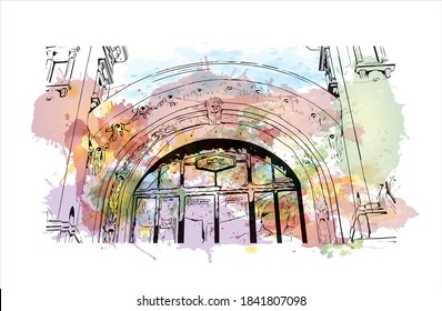 Building view with landmark of Bari is the capital city of Italy. Watercolor splash with hand drawn sketch illustration in vector.