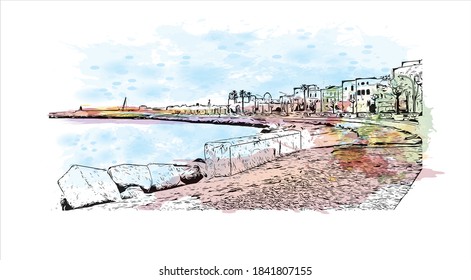 Building view with landmark of Bari is the capital city of Italy. Watercolor splash with hand drawn sketch illustration in vector.
