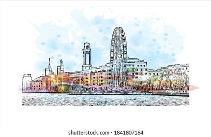 Building view with landmark of Bari is the capital city of Italy. Watercolor splash with hand drawn sketch illustration in vector.