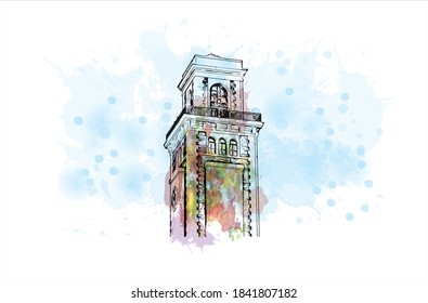 Building view with landmark of Bari is the capital city of Italy. Watercolor splash with hand drawn sketch illustration in vector.