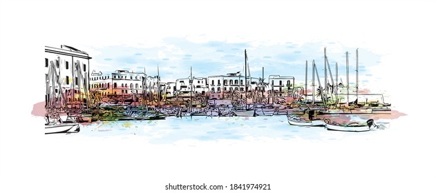 Building view with landmark of Bari is the capital city of Italy. Watercolor splash with hand drawn sketch illustration in vector.