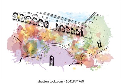 Building view with landmark of Bari is the capital city of Italy. Watercolor splash with hand drawn sketch illustration in vector.