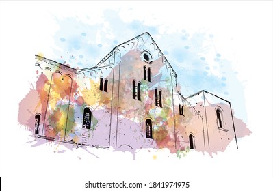 Building view with landmark of Bari is the capital city of Italy. Watercolor splash with hand drawn sketch illustration in vector.