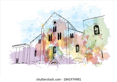 Building view with landmark of Bari is the capital city of Italy. Watercolor splash with hand drawn sketch illustration in vector.