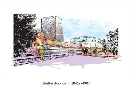 Building view with landmark of Bari is the capital city of Italy. Watercolor splash with hand drawn sketch illustration in vector.