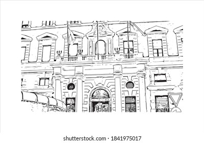 Building view with landmark of Bari is the capital city of Italy. Hand drawn sketch illustration in vector.