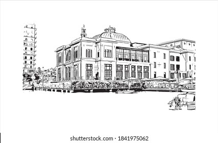 Building view with landmark of Bari is the capital city of Italy. Hand drawn sketch illustration in vector.