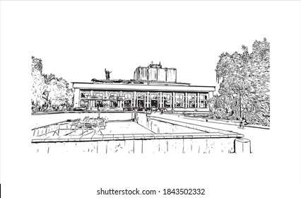 Building view with landmark of Barnaul is the largest city and administrative center of Russia. Hand drawn sketch illustration in vector.