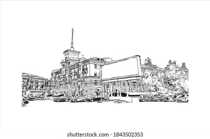 Building view with landmark of Barnaul is the largest city and administrative center of Russia. Hand drawn sketch illustration in vector.