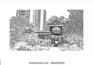 Building view with landmark of Barnaul is the largest city and administrative center of Russia. Hand drawn sketch illustration in vector.