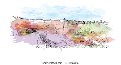 Construir vistas con un punto de referencia de Barnaul es la mayor ciudad y centro administrativo de Rusia. Salto de color de agua con ilustración de esbozo dibujada a mano en vector.